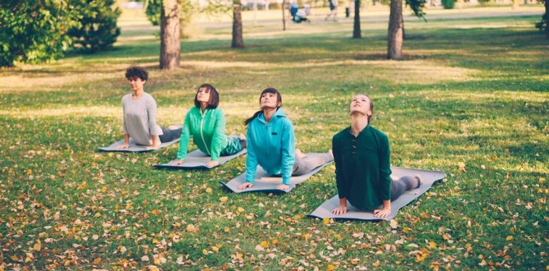 Attractive girls in trendy sportswear are doing succession of yoga exercises on mats in park on warm autumn day. Wellness, active lifestyle and relaxing young people concept.